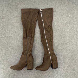 Shoe Dazzle Over The Knee Sexy Suede Boots‎ Brown Zipper Block 3.25" Heel Sz 5.5